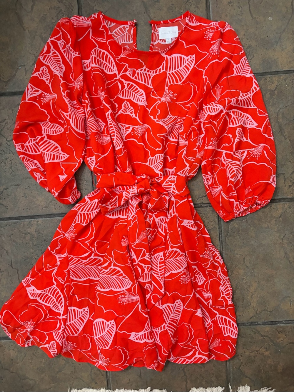 Sugarlips Red Floral Puff Sleeve Belted Dress Size M